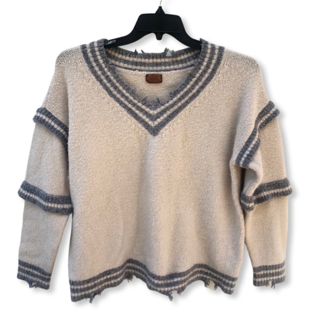 EUC Pol Size Sm. V-Neck Raw Edging Distressed Cream/Gray/Blue Stripe Sweater